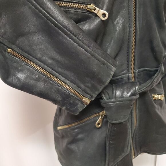 Vintage 90s y2k Andrew Marc Moto Jacket Black Leather Hooded Belted Woman's Sm - Picture 6 of 8